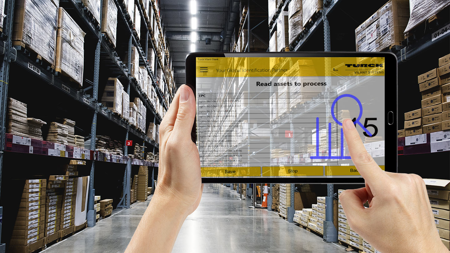 Picture of a warehouse showing an application helping with inventory tracking