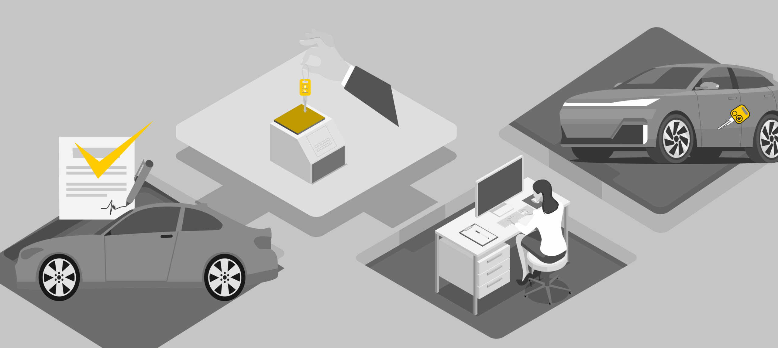 Car rental process depicted from birdseye perspective