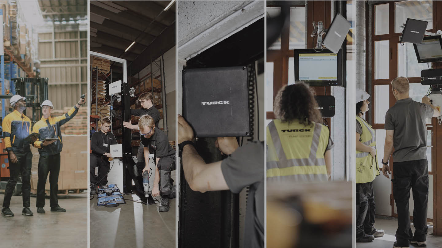 Split screen with 5 images depicting a site survey in industrial warehouse (2 people), installing RFID gate (3 people participating), close up to RFID antenna, a user driving towards RFID gate and training session