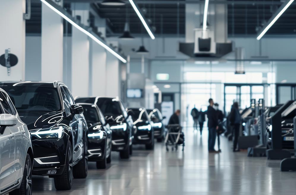 Picture of a car rental space at an airport, several cars and some people