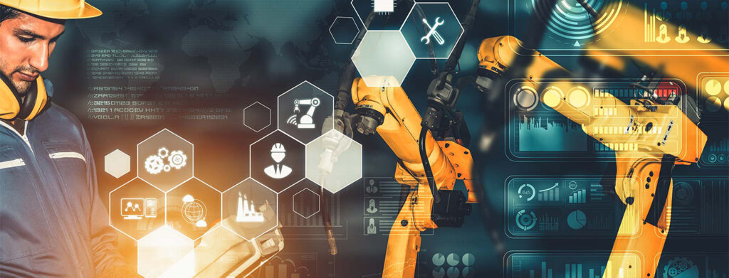 A picture in a manufacturing setting, person looking at measuring device - on top different charts to indicate big data collection and RFID