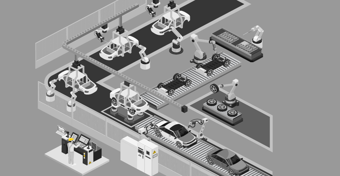Birdseye view of a car factory with car bodies moving from one production step to another - graphic illustration