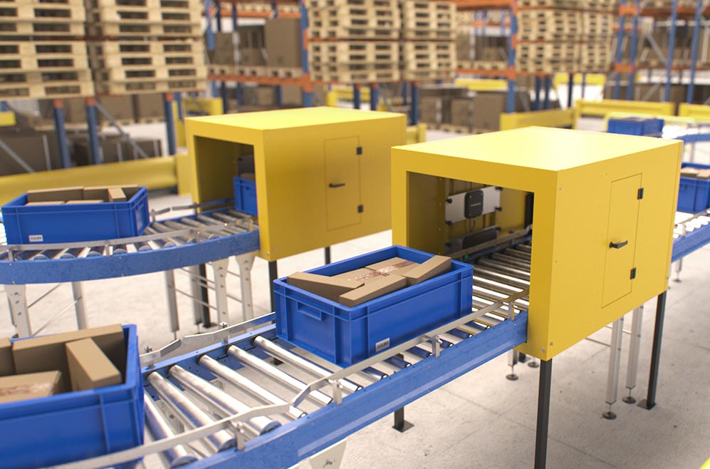 Two conveyor lines in a warehouse, wooden pallets in the bacground, foreground shows blue plastic crates and yellow tunnels that register the crates
