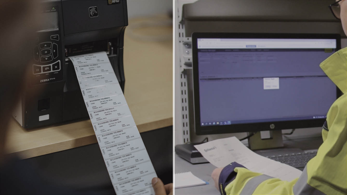 Split screen with RFID printer and tags on the left and a PC screen and a person with paper on the right