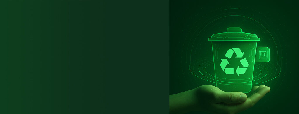 A human hand holding a glowing digital recycling symbol, symbolizing technology and sustainability and describing RFID in packaging