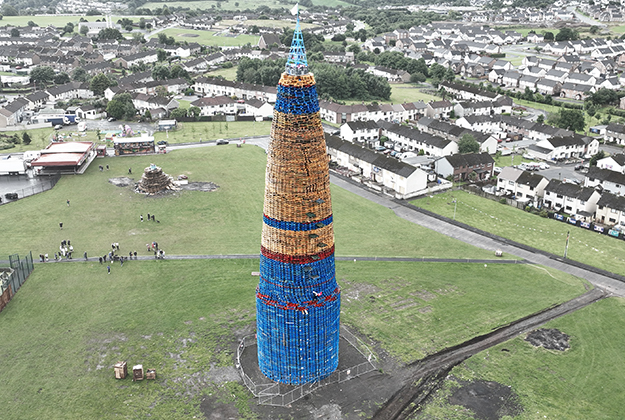 Wooden pallets stacked up at Craigyhill Larne N Ireland to make up a tower - aerial view