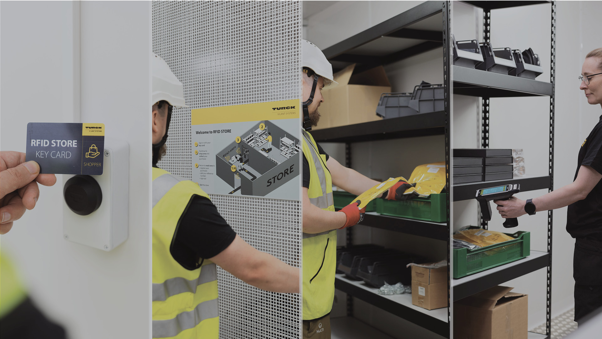 Picture divided into 4 showcasing the use of RFID-enabled self-service checkout or container. We see a close up to a keycard, a person entering the store, a person picking up goods and finally a person performing inventory