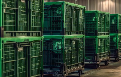RFID and RTLS systems track RTIs A picture of green, metallic RTIs depicting the need for real-time tracking