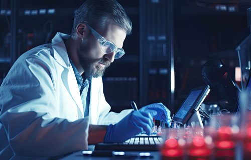 Person im Laborkittel vor einem Computer mit medizinischen Proben, RFID-gestützte Probenverfolgung im klinischen Labor